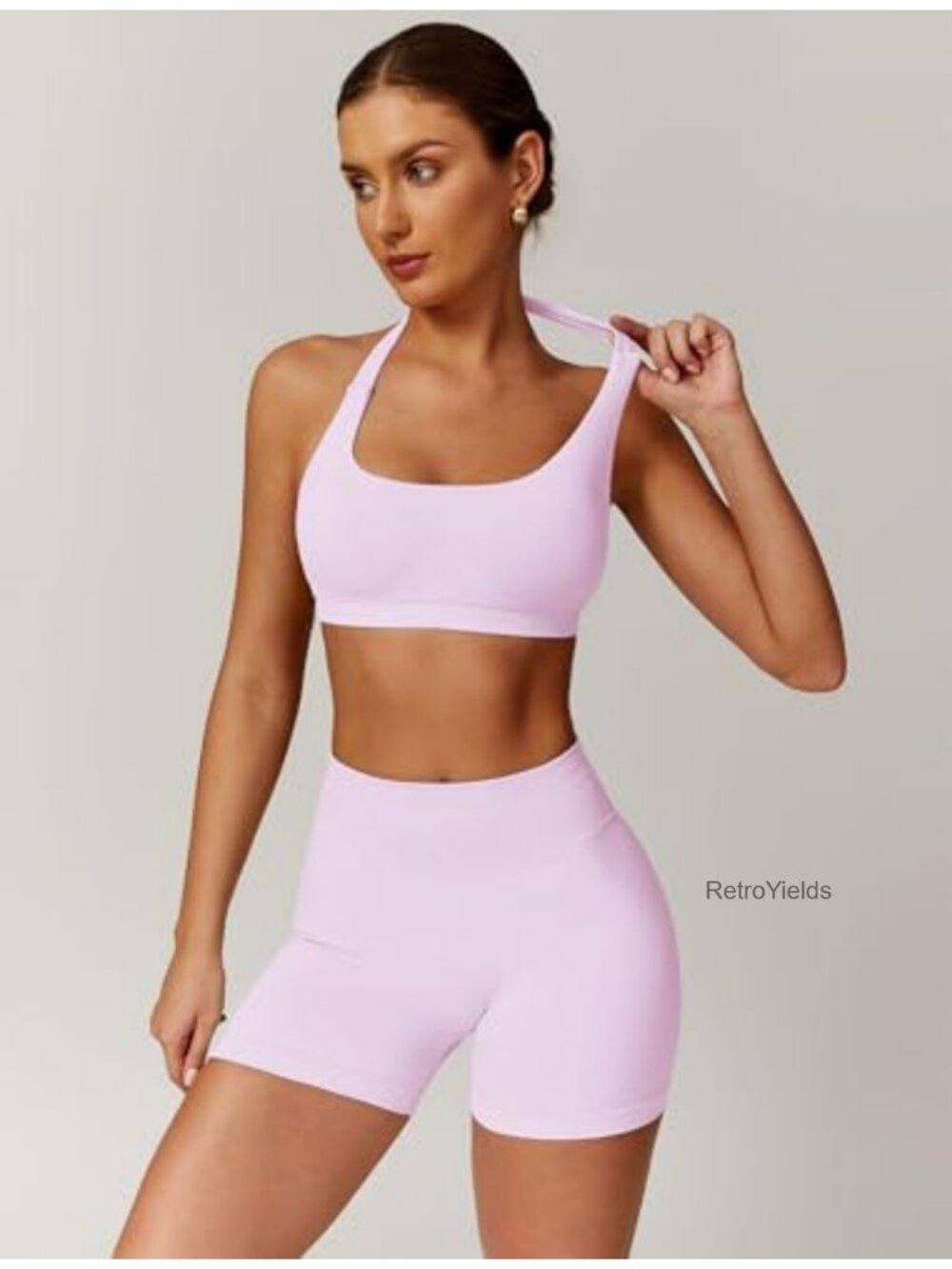 Seamless 2-Piece Workout Set Halter Sports Bra Scrunch Biker Shorts Yoga Gym - Picture 2 of 6